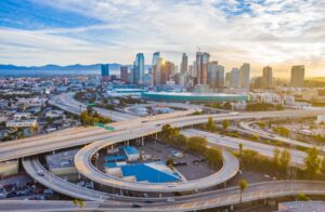 An overview shot of the Los Angeles freeway.