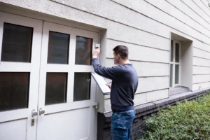 A landlord walking around a property holding a clipboard.