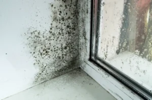 A moldy corner of a window.