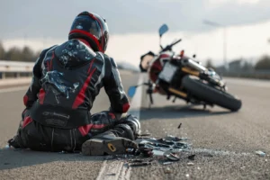 Crashed motorcyclist next to a bike.
