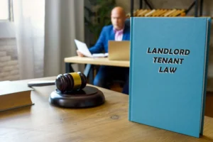 A tenant rights lawyer sitting in their office with a landlord tenant law book visible.